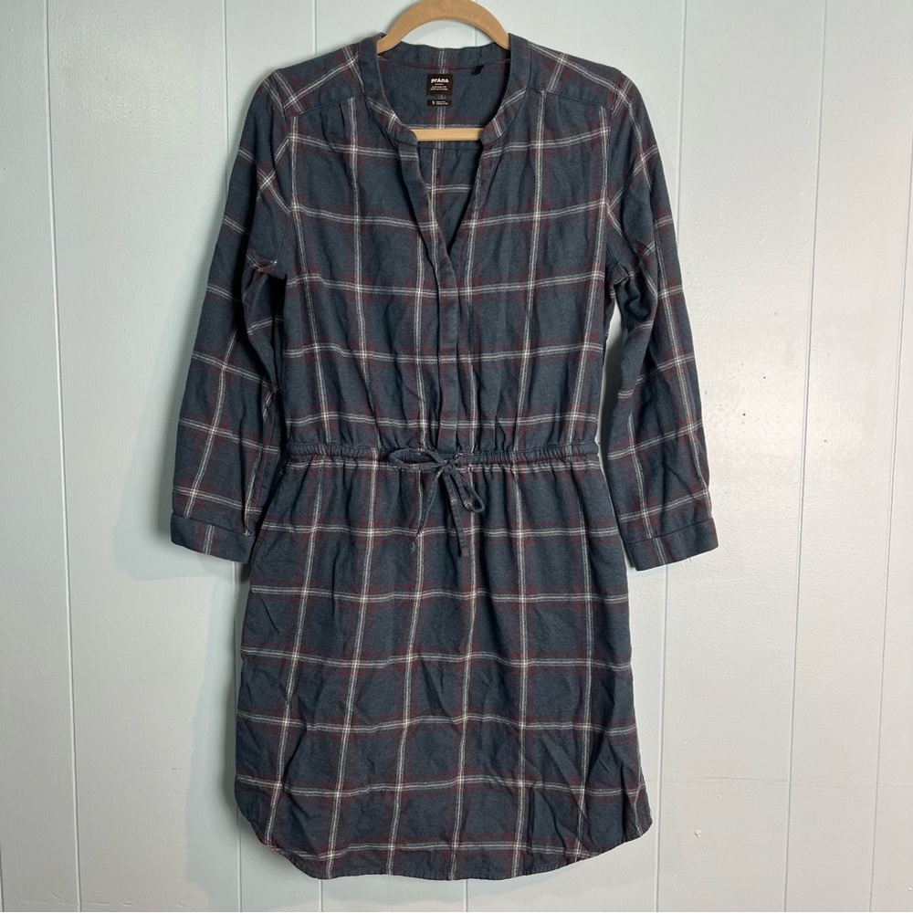 prAna Small Loop To Pines Flannel Plaid Gray Organic Cotton Shirt Dress Preppy